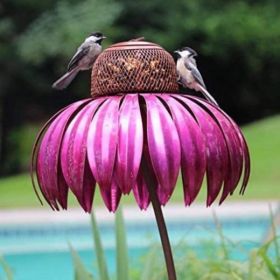 Pink Coneflower Bird Feeder Outdoor Decoration Garden Flower Picaflor Wild Bird Feeder Feeding Outside Rust Resistant Art Metal - Red - China