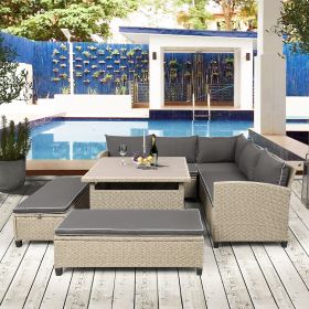 6-Piece Patio Furniture Set Outdoor Wicker Rattan Sectional Sofa with Table and Benches for Backyard, Garden, Poolside - brown - Rattan