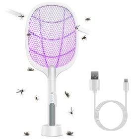 2 in 1 Electric Rechargeable Bug Zapper Mosquito Insect Killer Fly Swatter Mosquito Zapper Racket Mosquito Trap Catcher - White