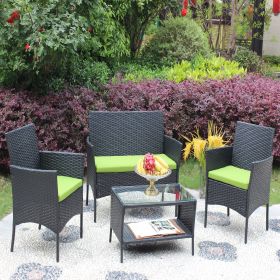 4 PC Rattan Patio Furniture Set Outdoor Patio Cushioned Seat Wicker Sofa - Black+green