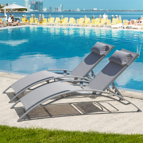 Outdoor Chaise Lounge Set of 2 Patio Recliner Chairs with Adjustable Backrest and Removable Pillow for Indoor&Outdoor Beach Pool Sunbathing Lawn Gray