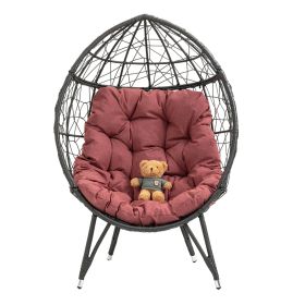 COOLMORE Outdoor Patio Wicker Egg Chair Indoor Basket Wicker Chair with Red Cusion for Backyard Poolside - as Pic