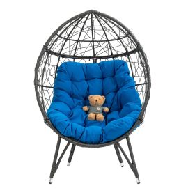 COOLMORE Outdoor Patio Wicker Egg Chair Indoor Basket Wicker Chair with Blue Cusion for Backyard Poolside - as Pic