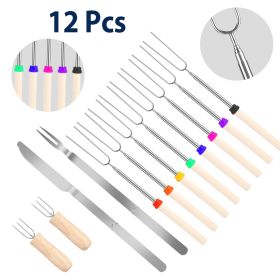 Stainless Steel Roasting Sticks Set 31.9in Extendable Telescoping Marshmallow Hot Dog Fork Skewers Set - Wooden & Silver