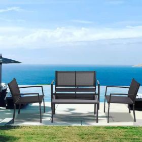 4 Pieces Patio Furniture Set Outdoor Garden Patio Conversation Sets Poolside Lawn Chairs with Glass Coffee Table Porch Furniture (Black) - Black