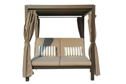 Direct Wicker Steel Rattan Lounger With Shade and Curtain Round Tube Version and Adjustable Back Outdoor Daybed - Brown