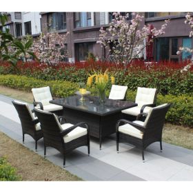 Patio 7-Piece Rectangular Dining Set with 6 Dining Chairs (Brown &Beige Cushion ) - Brown