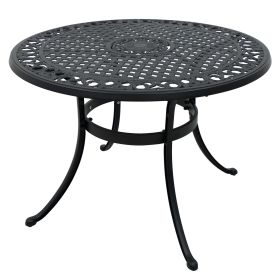 42 Inch Cast Aluminum Patio Table with Umbrella Hole; Round Patio Bistro Table for Garden; Patio; Yard; Black with Antique Bronze at The Edge - pic