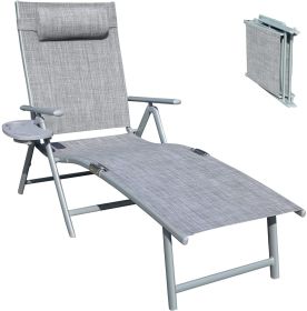 Aluminum Outdoor Folding Reclining Adjustable Chaise Lounge Chair with Cup Holder for Outdoor Patio Beach  - Gray