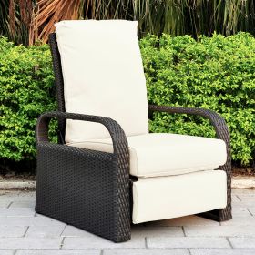 Outdoor Recliner Chair;  Automatic Adjustable Wicker Lounge Recliner Chair with 5.12'' Thicken Cushion - Beige - Brown Wicker