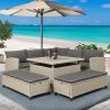 6-Piece Patio Furniture Set Outdoor Wicker Rattan Sectional Sofa with Table and Benches for Backyard, Garden, Poolside - brown - Rattan