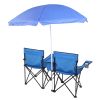 Double Folding Picnic Chairs w/Umbrella Mini Table Beverage Holder Carrying Bag for Beach Patio Pool Park Outdoor Portable Camping Chair (Blue) - Blue