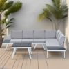 Industrial 5-Piece Aluminum Outdoor Patio Furniture Set, Modern Garden Sectional Sofa Set with End Tables, Coffee Table and Furniture Clips for Backya