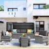 5 Pieces Outdoor Sectional Patio Rattan Sofa Set Rattan Daybed , PE Wicker Conversation Furniture Set/ Canopy and Tempered Glass Side Table, Gray - gr