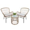 Balcony Furniture;  3 Piece Patio Set;  Outdoor Wicker Chairs with Glass Top Table and Soft Cushion;  Rattan Front Porch Furniture - brown