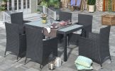 7-piece Outdoor Wicker Dining set - Dining table set for 7 - Patio Rattan Furniture Set with Beige Cushion - Black