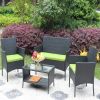 4 PC Rattan Patio Furniture Set Outdoor Patio Cushioned Seat Wicker Sofa - Black+green