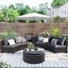 6 Pieces Outdoor Sectional Half Round Patio Rattan Sofa Set, PE Wicker Conversation Furniture Set/One Storage Side Table for Umbrella and One Multifun