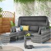 5 Pieces Outdoor Sectional Patio Rattan Sofa Set Rattan Daybed , PE Wicker Conversation Furniture Set/ Canopy and Tempered Glass Side Table, Gray - gr